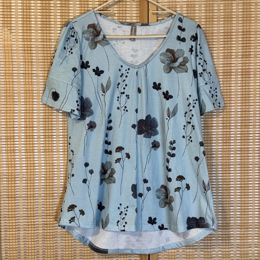 Noracora Womens M Top Floral Short Sleeve Blue Cottagecore Western Bloomcore
